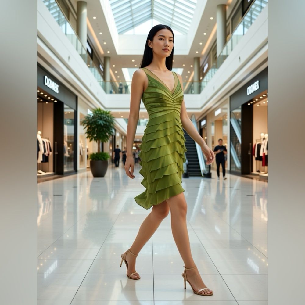 Chetta B Olive Green Tiered V-Neck Midi Dress